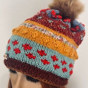 Hand Knits 2 Love Slouch Beanie Hat Fair-isle Dedigner Fashion Faux Fur Pom Pom